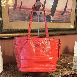 COACH Orange Patent Leather Tote with Signature Medallion GUC clean inside